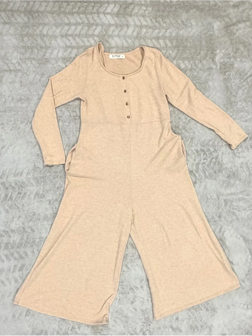 Three Bird Nest Cream Tan Ribbed Boho Wide Leg Jumpsuit Pocket Size M
